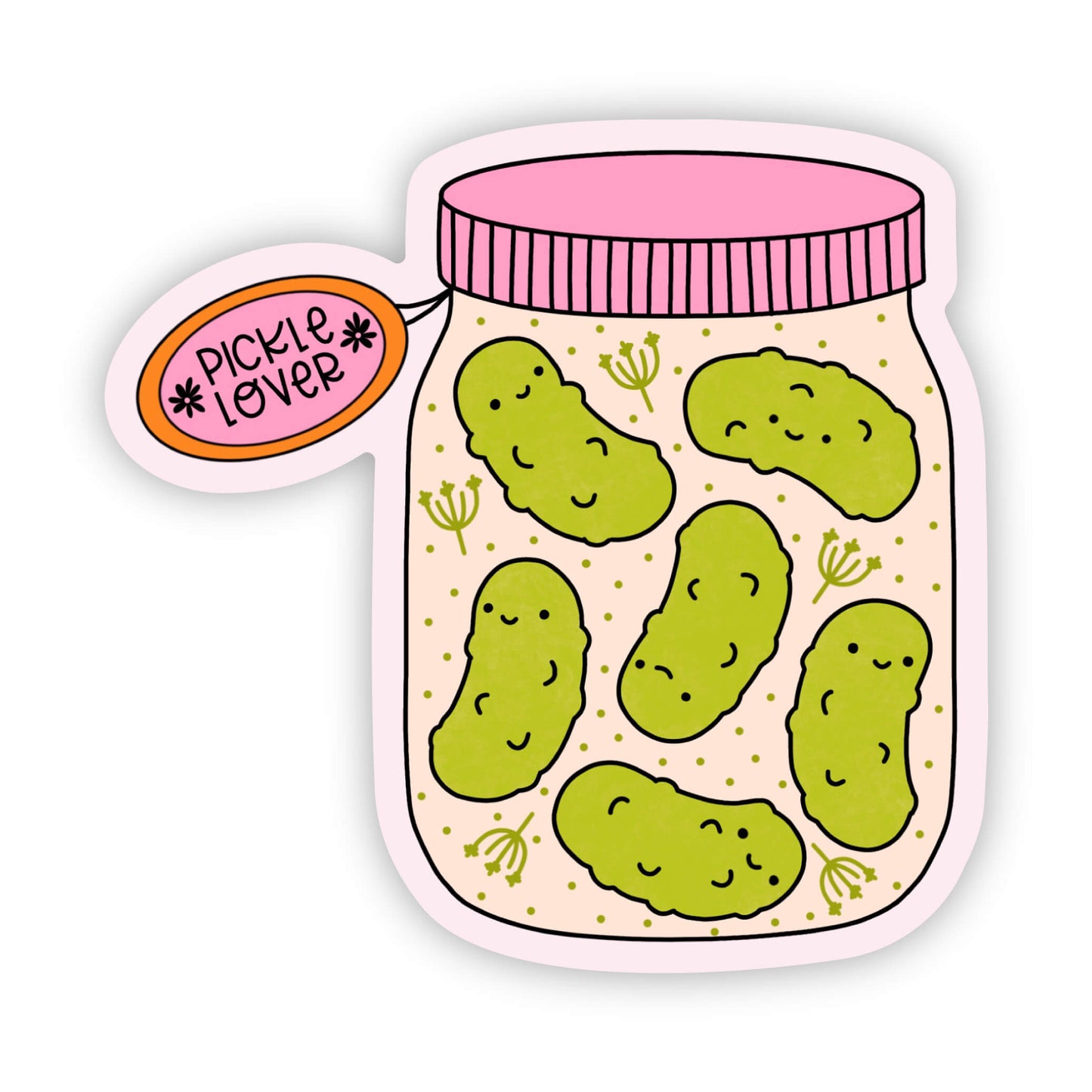 Sticker of a jar with green pickles and a pink lid on a white background