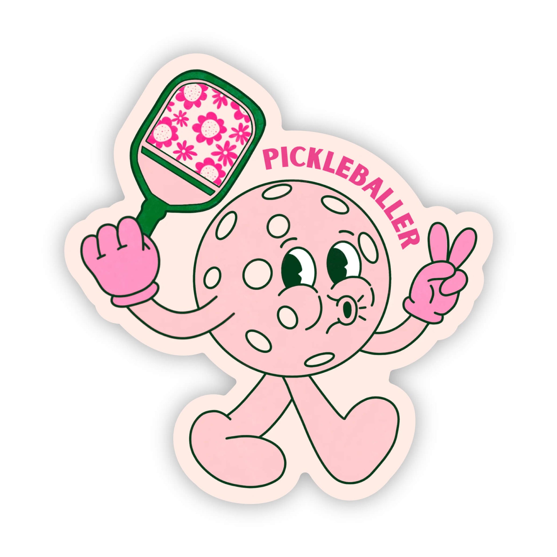 Cartoon pickleball character holding a paddle with 'Pickleballer' text on a white background