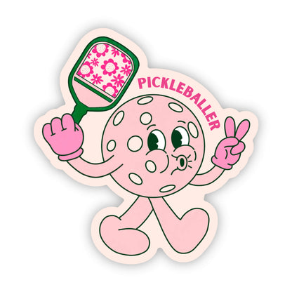 Cartoon pickleball character holding a paddle with 'Pickleballer' text on a white background