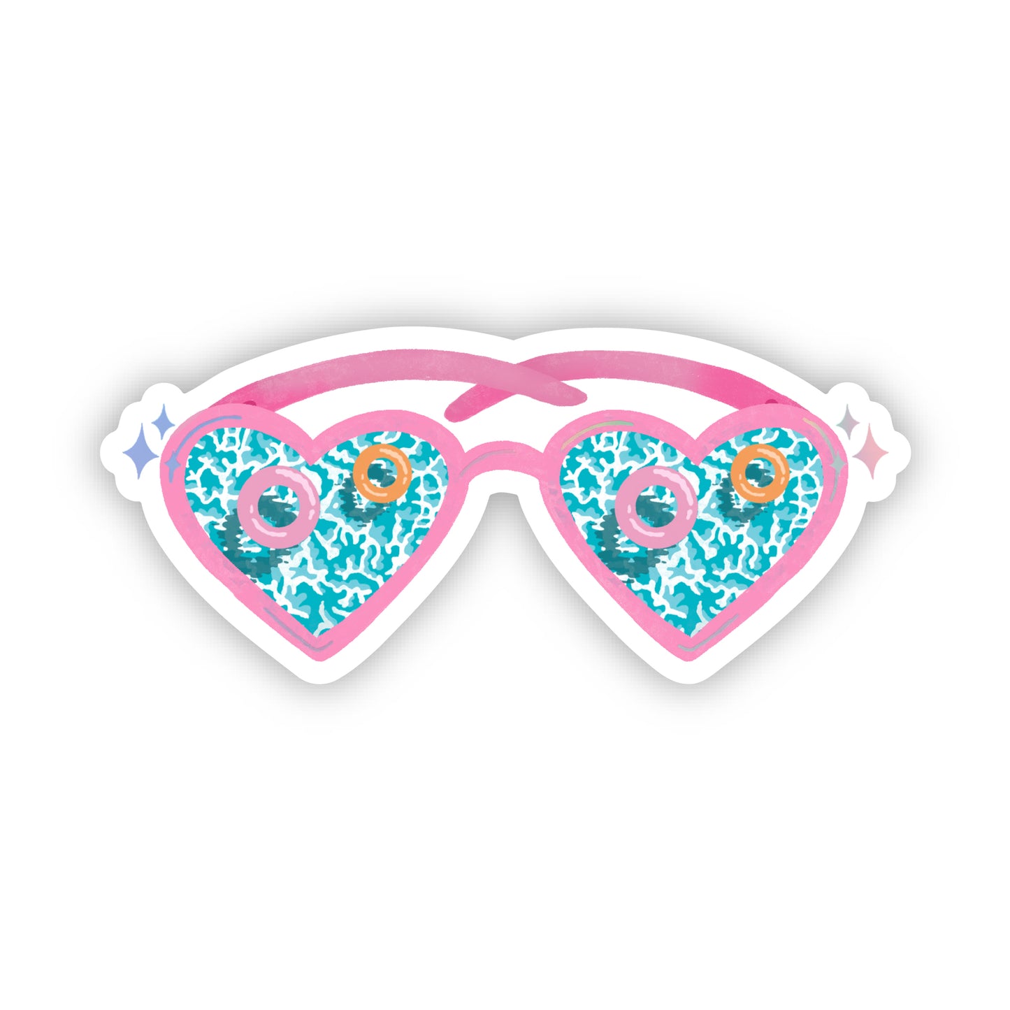 Heart-shaped sunglasses sticker with pink frame and blue patterned lenses on a white background