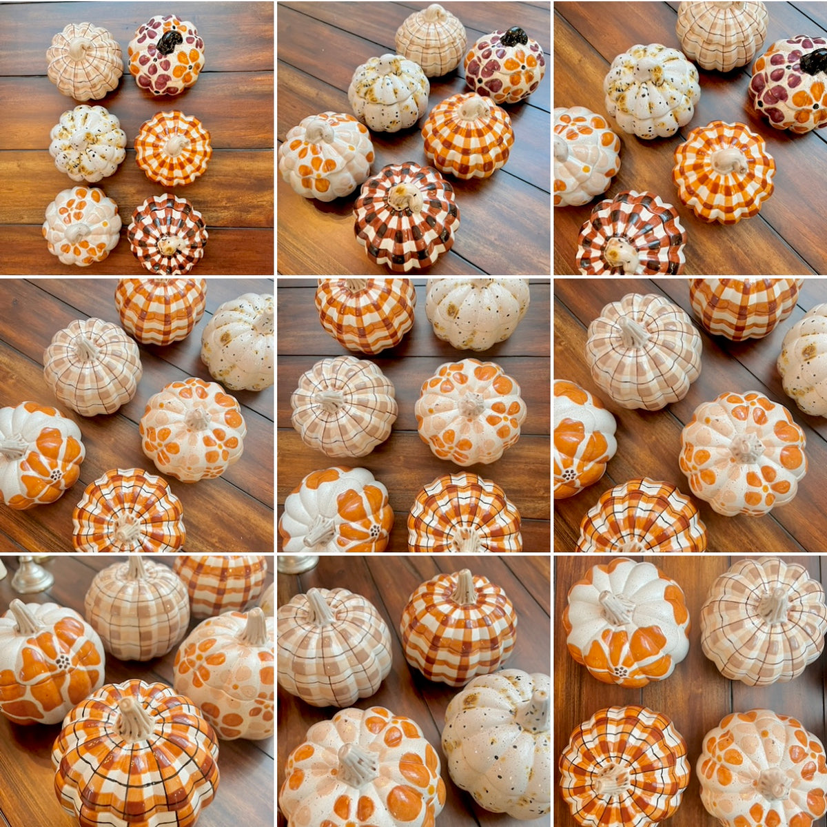 Collage of decorative pumpkins with various patterns on a wooden surface