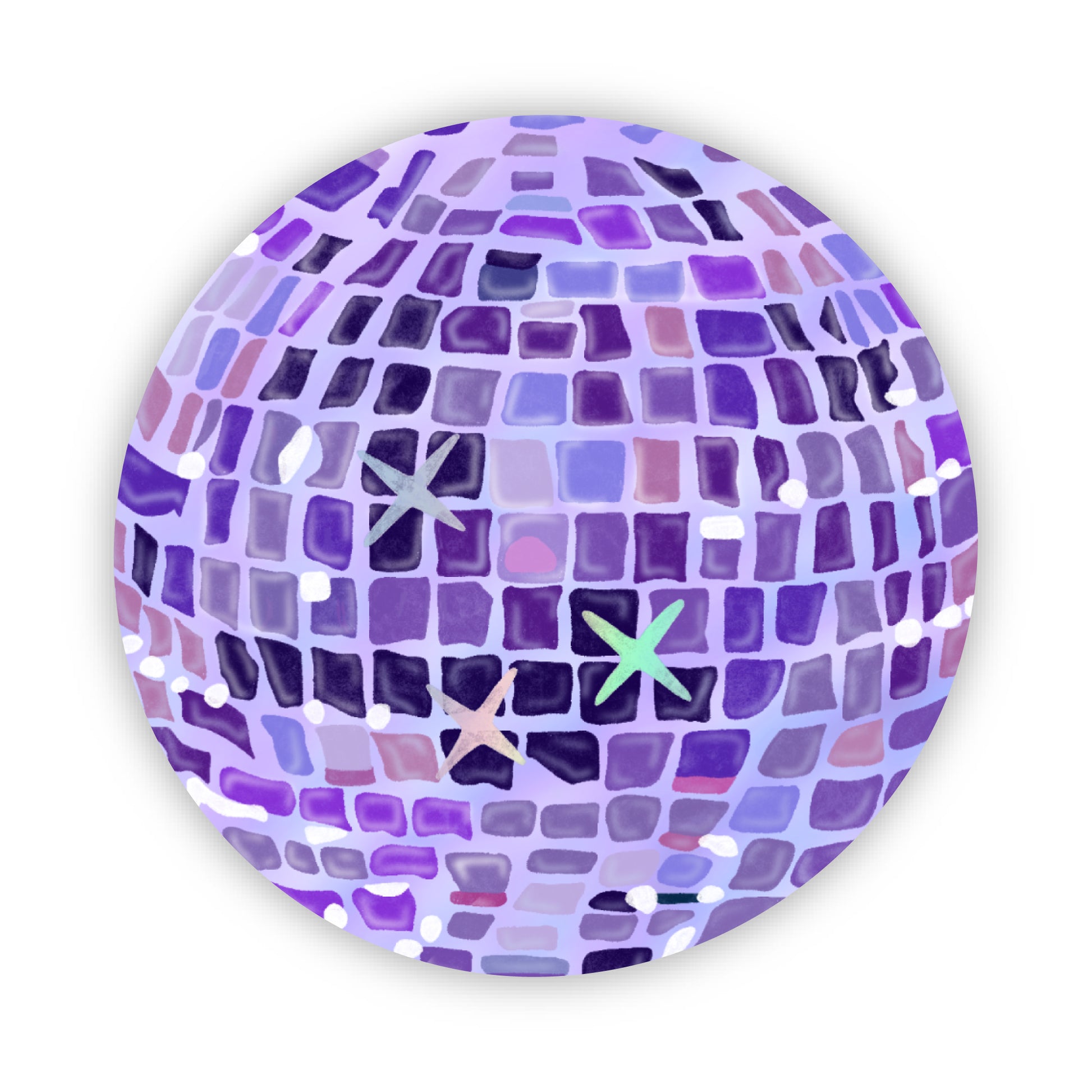 Purple disco ball illustration sticker with holographic stars on  a white background