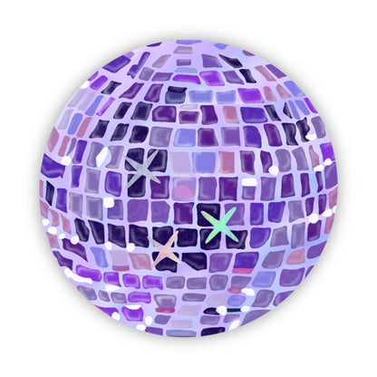 Purple disco ball illustration sticker with holographic stars on  a white background