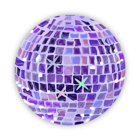 Purple disco ball illustration sticker with holographic stars on  a white background