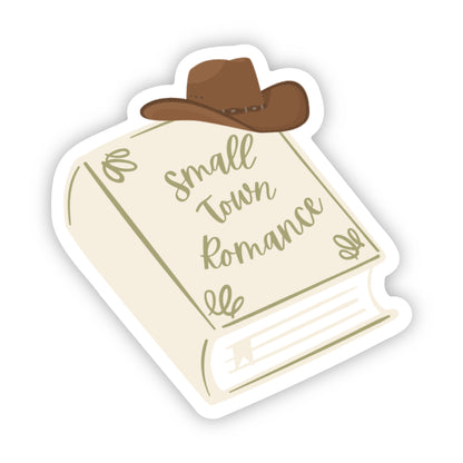Sticker of a book titled 'Small Town Romance' and a cowboy hat on a white background