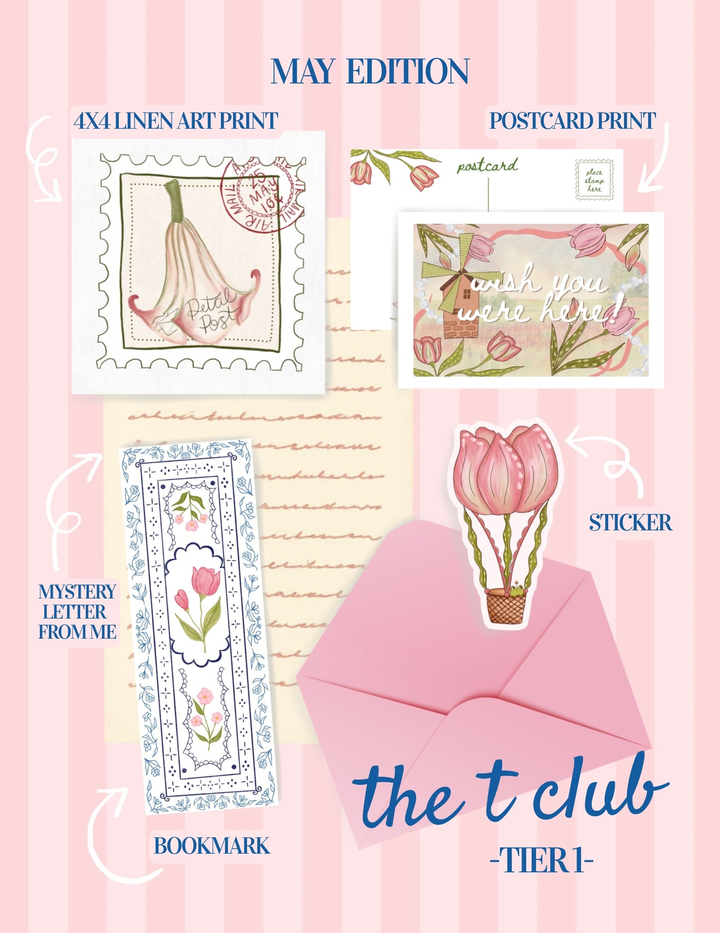 Promotional graphic for 'the t club' with stationery items and text on a pink background