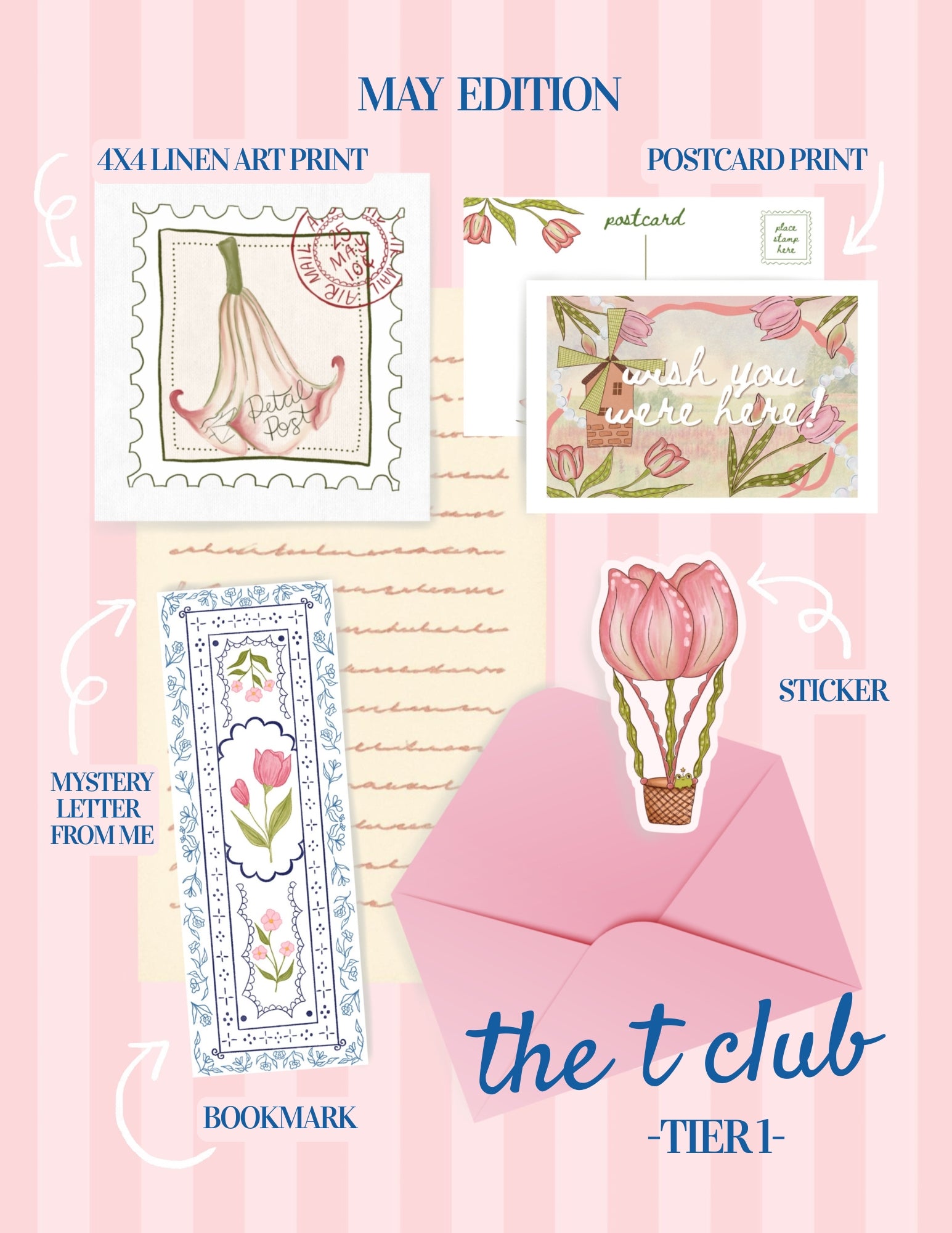 Promotional graphic for 'the t club' with stationery items and text on a pink background