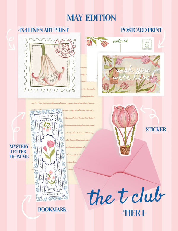 Promotional graphic for 'the t club' with stationery items and text on a pink background