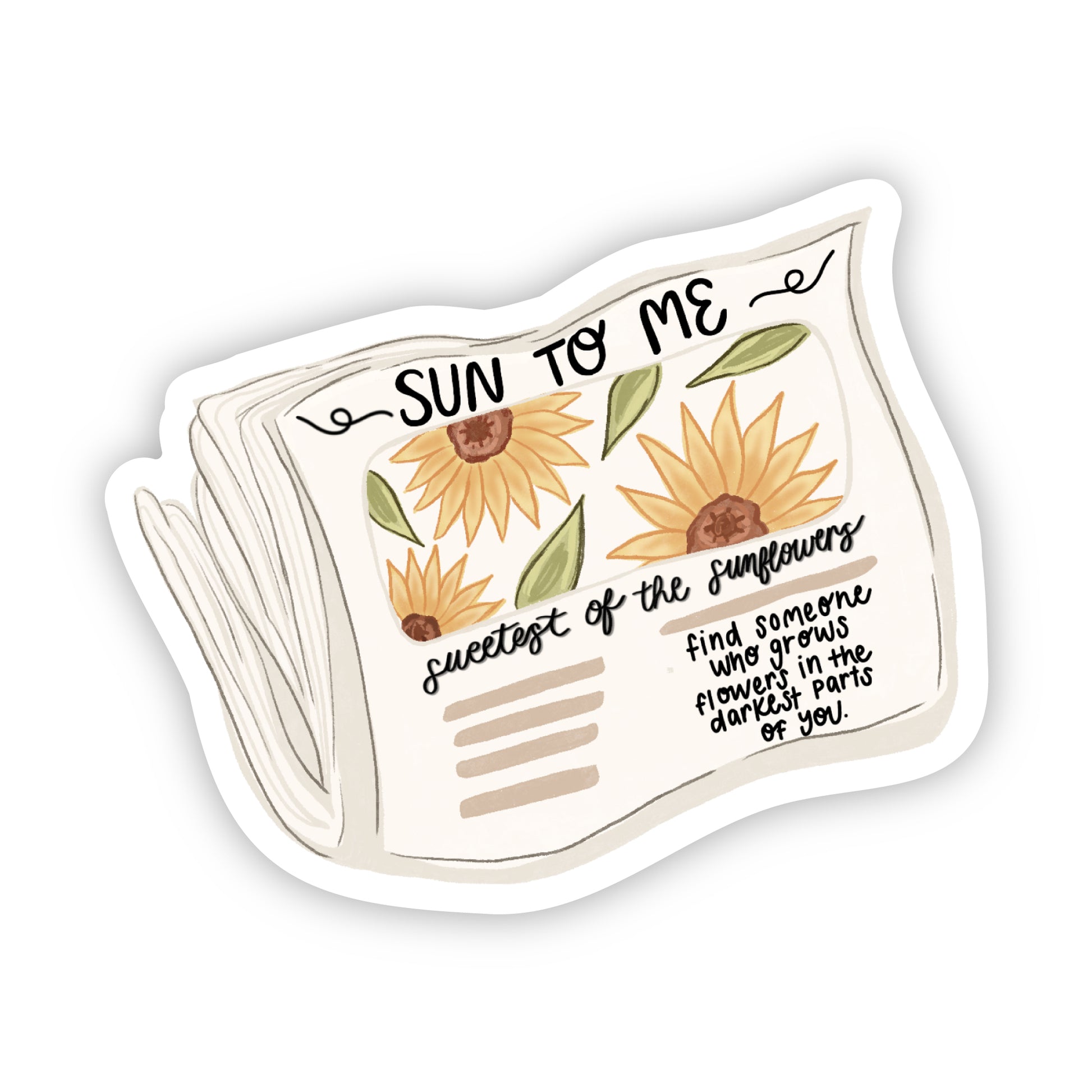 Sticker with sunflower design and text on a white background