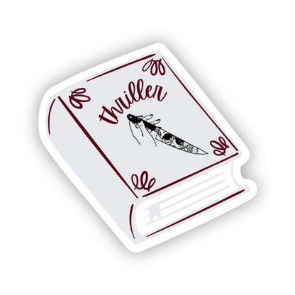 Sticker shaped like a book and 'thriller' text written on it on a white background