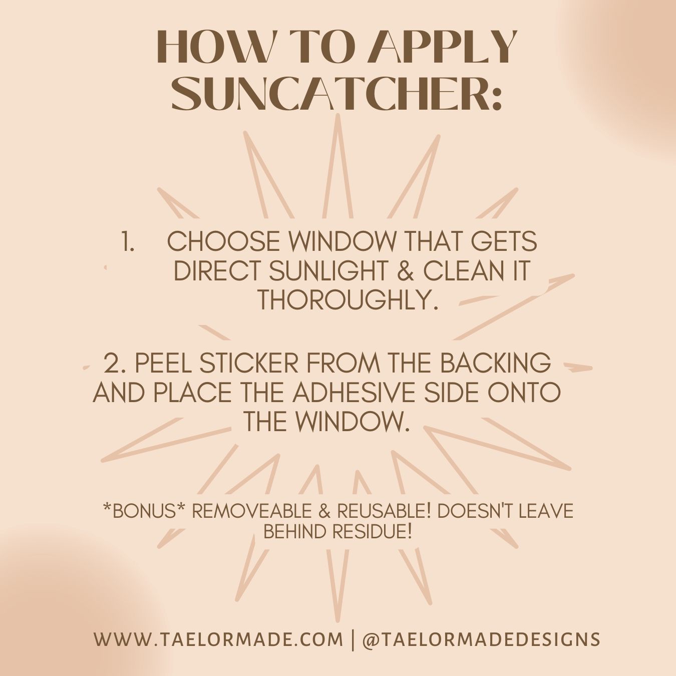 Instructions on how to apply a suncatcher with decorative elements on a beige background.