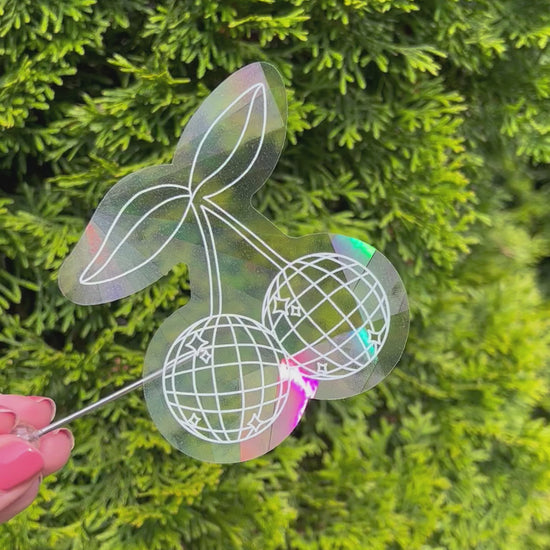 Disco cherry holographic suncatcher sticker held up refracting light and making rainbows in front of leafy green plant