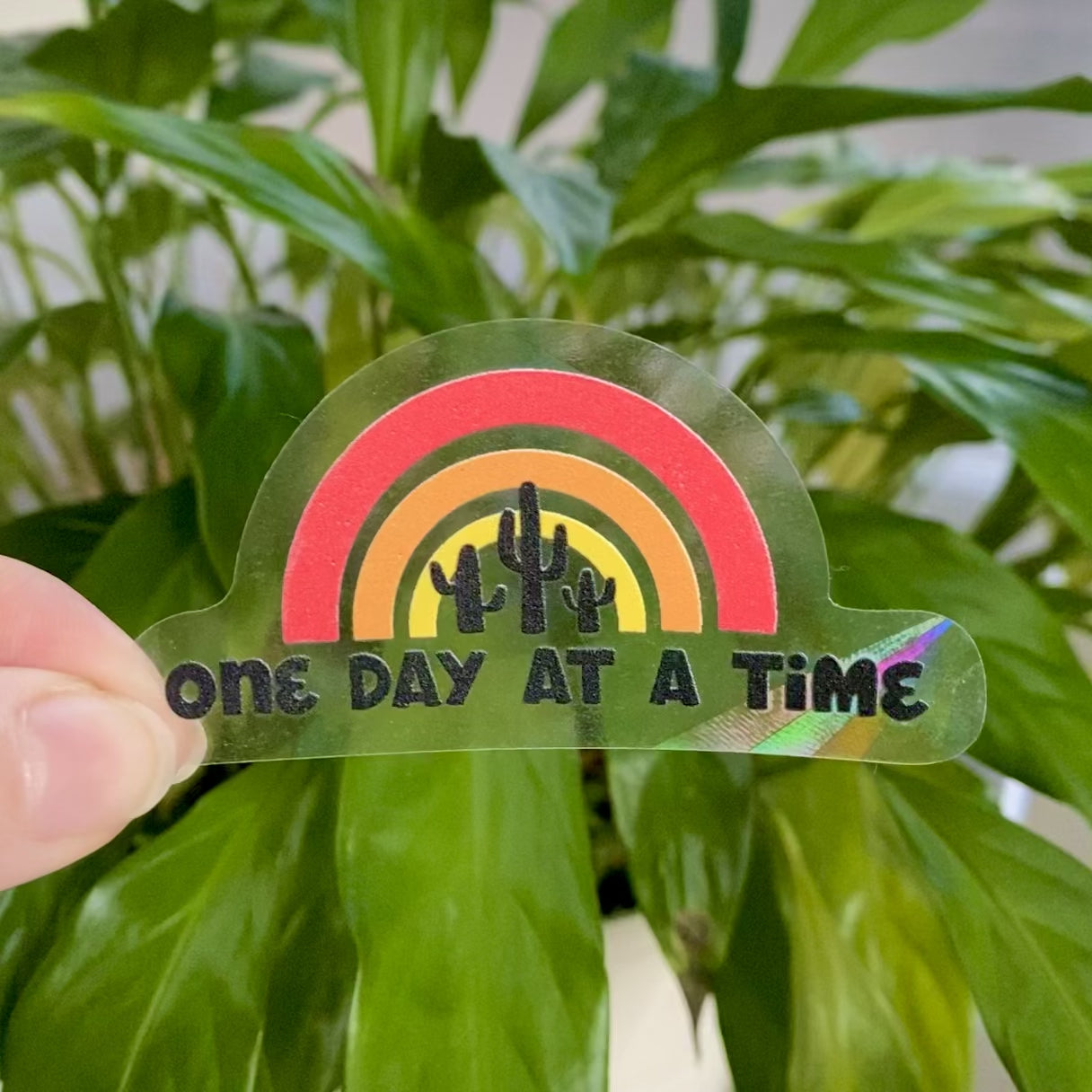 Prismatic suncatcher sticker that says "One Day At A Time" in a rainbow shape refracting sunlight in front of greenery